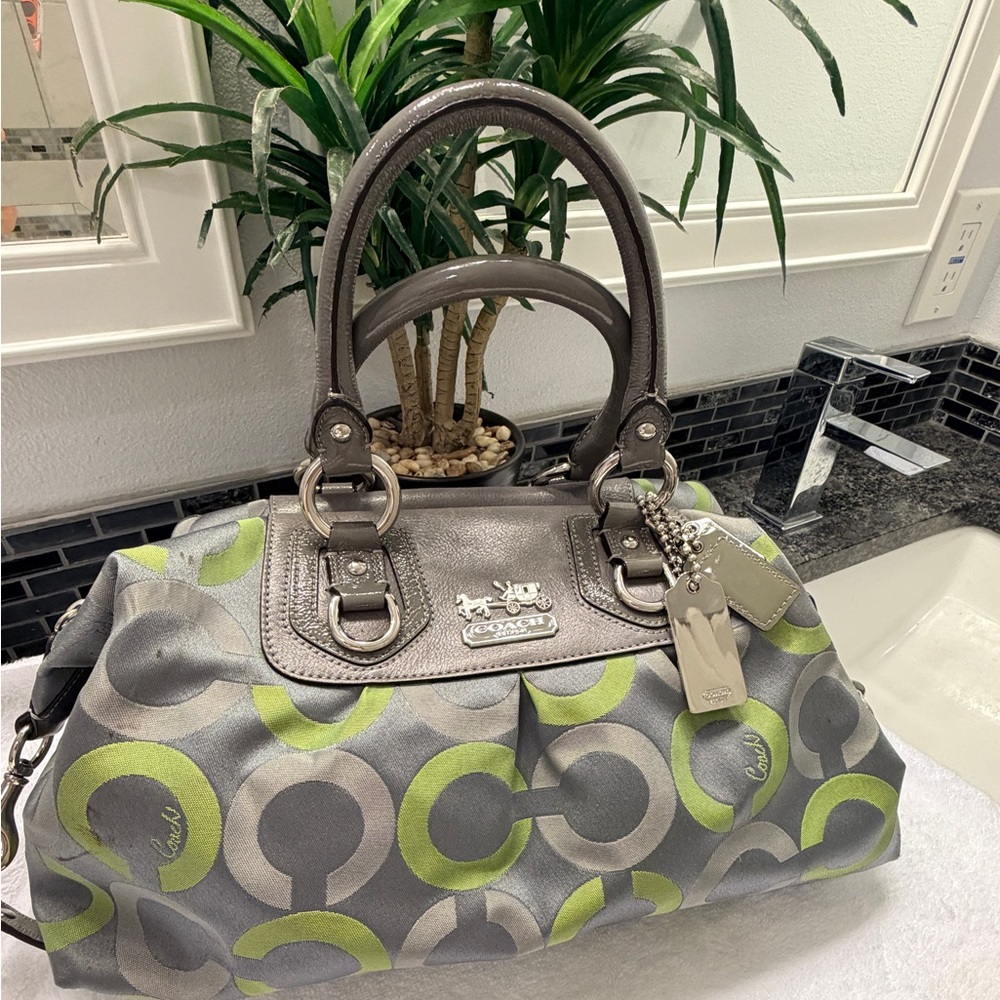 Coach Gray and Lime Green Signature Satchel
